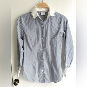 Gretchen Scott Navy Stripe Button Down Top Contrast Scallop Collar XS